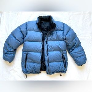 Puffer Jacket Blue Black Reversible with 5 Pockets - Lands End Small